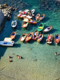 High angle view of boats moored in sea