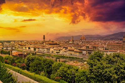 High angle view of buildings against sky during sunset