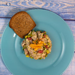 High angle view of food in plate on table