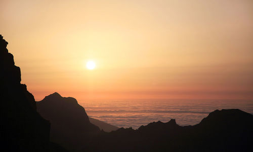 Silhouette of rocky mountain against sea at sunset