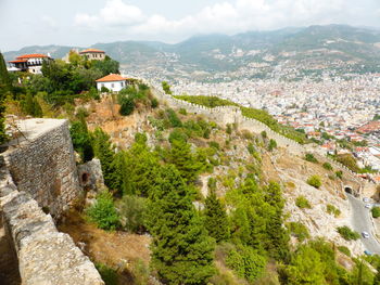 High angle shot of townscape against sky