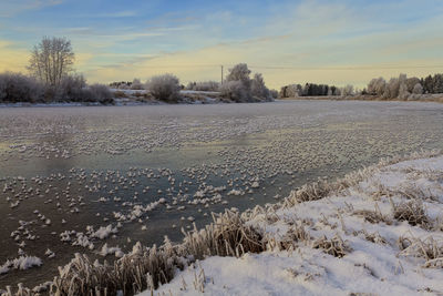 Scenic view of frozen field against sky during winter