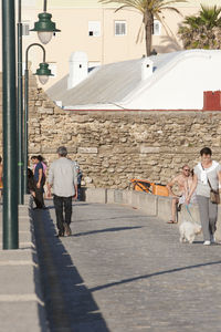 Rear view of people walking on street in city