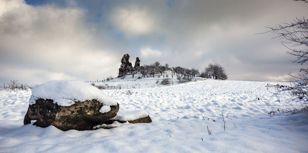 Snow on field against sky