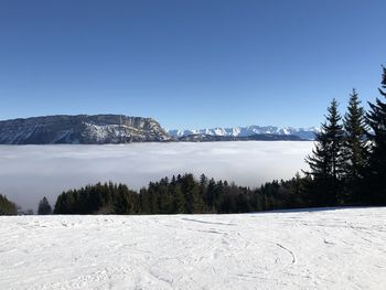 Scenic view of snowcapped mountains against clear sky