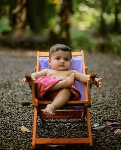 Portrait of boy sitting on chair in garden