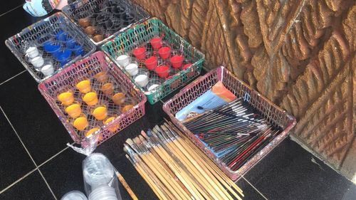 High angle view of multi colored pencils on table