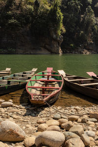 Fishing boat many at river shore at morning from flat angle