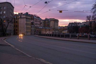 High angle view of city street at sunset