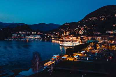 High angle view of illuminated buildings in city at night