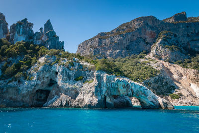 Scenic view of sea and rocks against clear blue sky