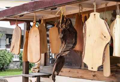 Market with wooden cutting boards  various - beech, oak, pine,  piece of wood , homemade for cooking