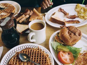 High angle view of breakfast on table