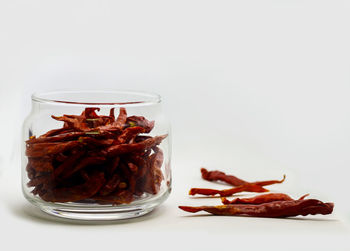 Close-up of food in plate against white background