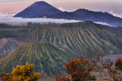 Scenic view of landscape against cloudy sky during sunset