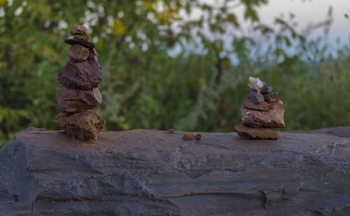 Stack of rocks against trees