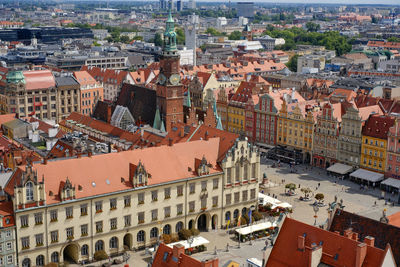 High angle view of buildings in city