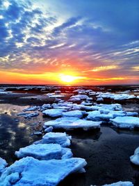 Scenic view of snow covered landscape at sunset