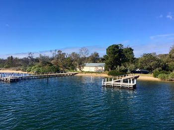 Scenic view of river against clear blue sky