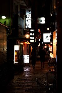 People walking on illuminated street at night