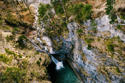 High angle view of stream amidst rocks in forest