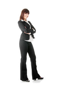 Portrait of woman standing against white background
