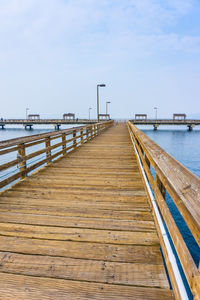 Surface level of pier over sea against sky