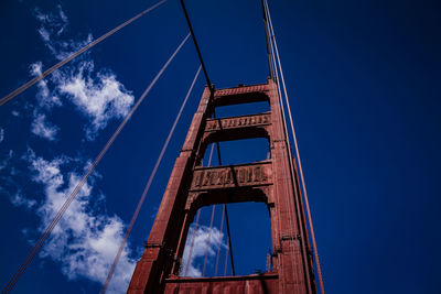 Low angle view of suspension bridge against blue sky