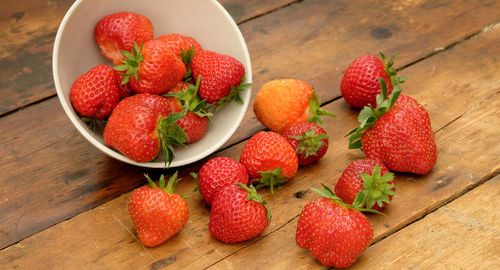 High angle view of strawberries on table