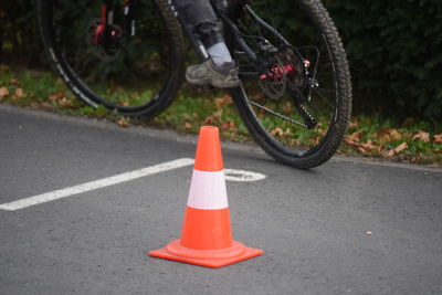 Low section of bicycle parked on street