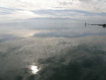 Scenic view of lake against cloudy sky