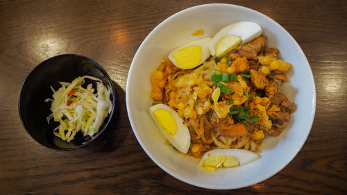 High angle view of food served on table