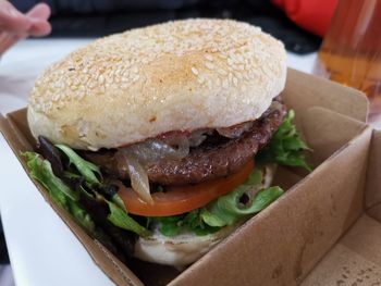 Close-up of burger on table