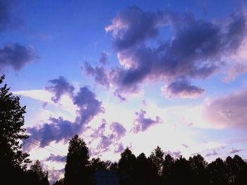 Low angle view of silhouette trees against blue sky
