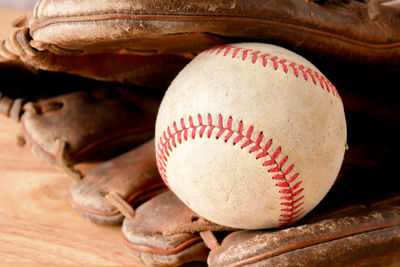 Close-up of baseball in glove