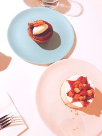 High angle view of breakfast served on table