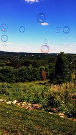 Hot air balloon flying over landscape