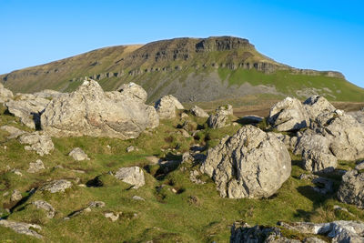 Scenic view of rocky mountains against clear sky