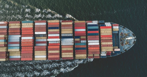 High angle view of multi colored boats on water