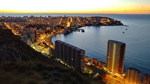 High angle view of city buildings during sunset