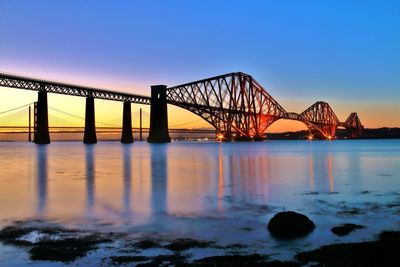 Forth bridge over river against sky during sunset