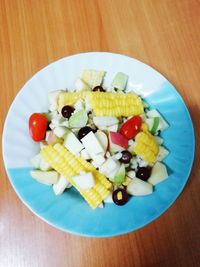 High angle view of breakfast served on table