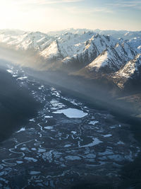 Aerial view of snowcapped mountains against sky