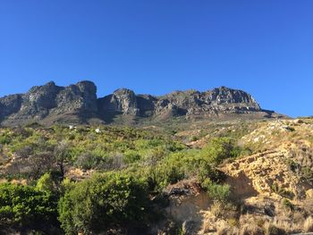 Scenic view of mountains against clear blue sky