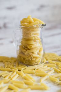 Close-up of yellow juice on table