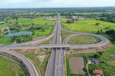 High angle view of highway against sky in city