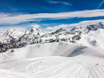 Scenic view of snowcapped mountains against sky