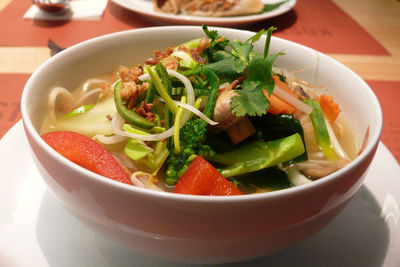 High angle view of soup in bowl on table