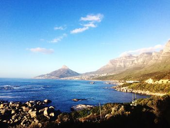 Scenic view of sea against blue sky