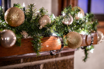 Close-up of christmas decorations on table